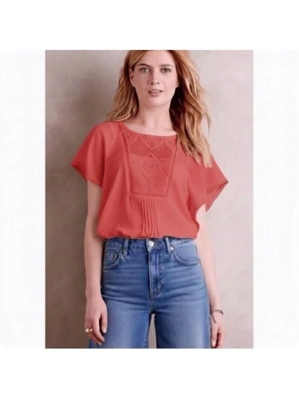 Meadow Rue Anthropologie Anele Short Sleeve Coral Crochet Detail Blouse - Medium
